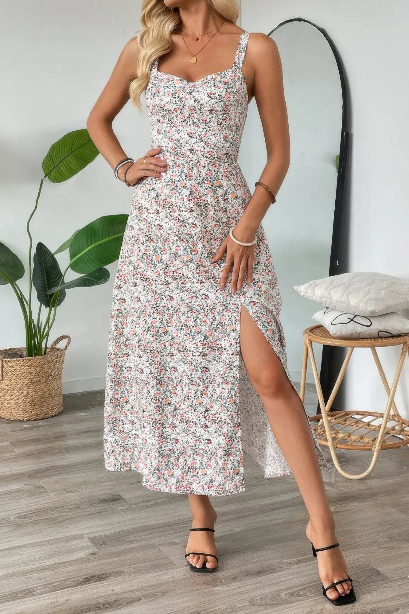 Straps Floral Print Split Hem Fit Long Dress | Mixtshop LLC