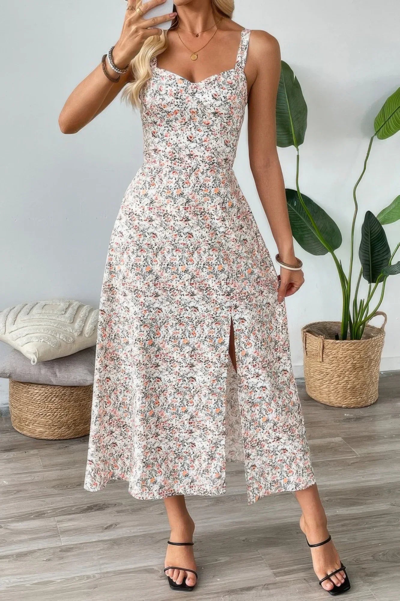 Straps Floral Print Split Hem Fit Long Dress | Mixtshop LLC