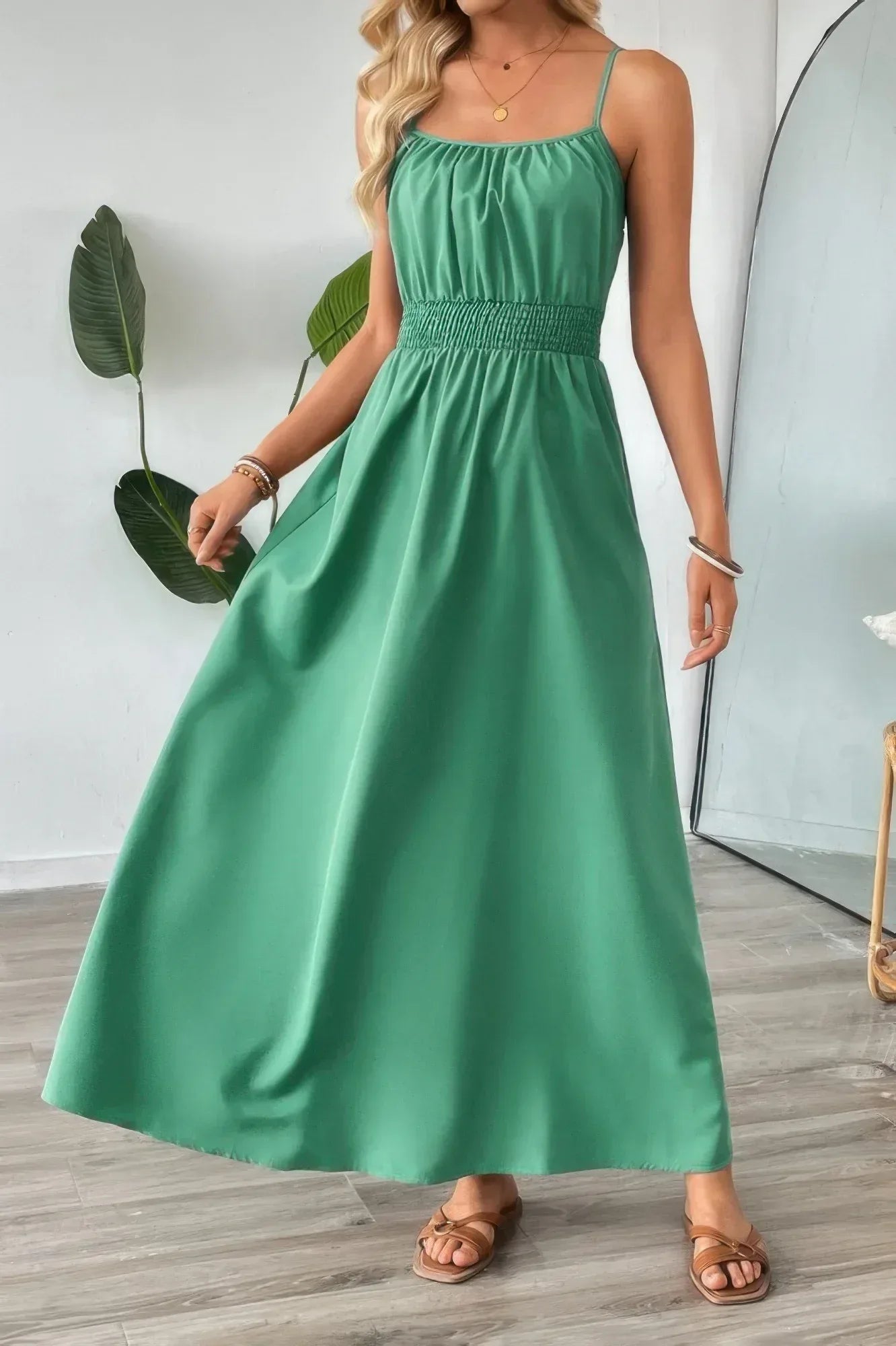 Solid Sleeveless Ruched Elactic Waist A Line Dress | Mixtshop LLC
