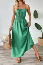 Solid Sleeveless Ruched Elactic Waist A Line Dress | Mixtshop LLC