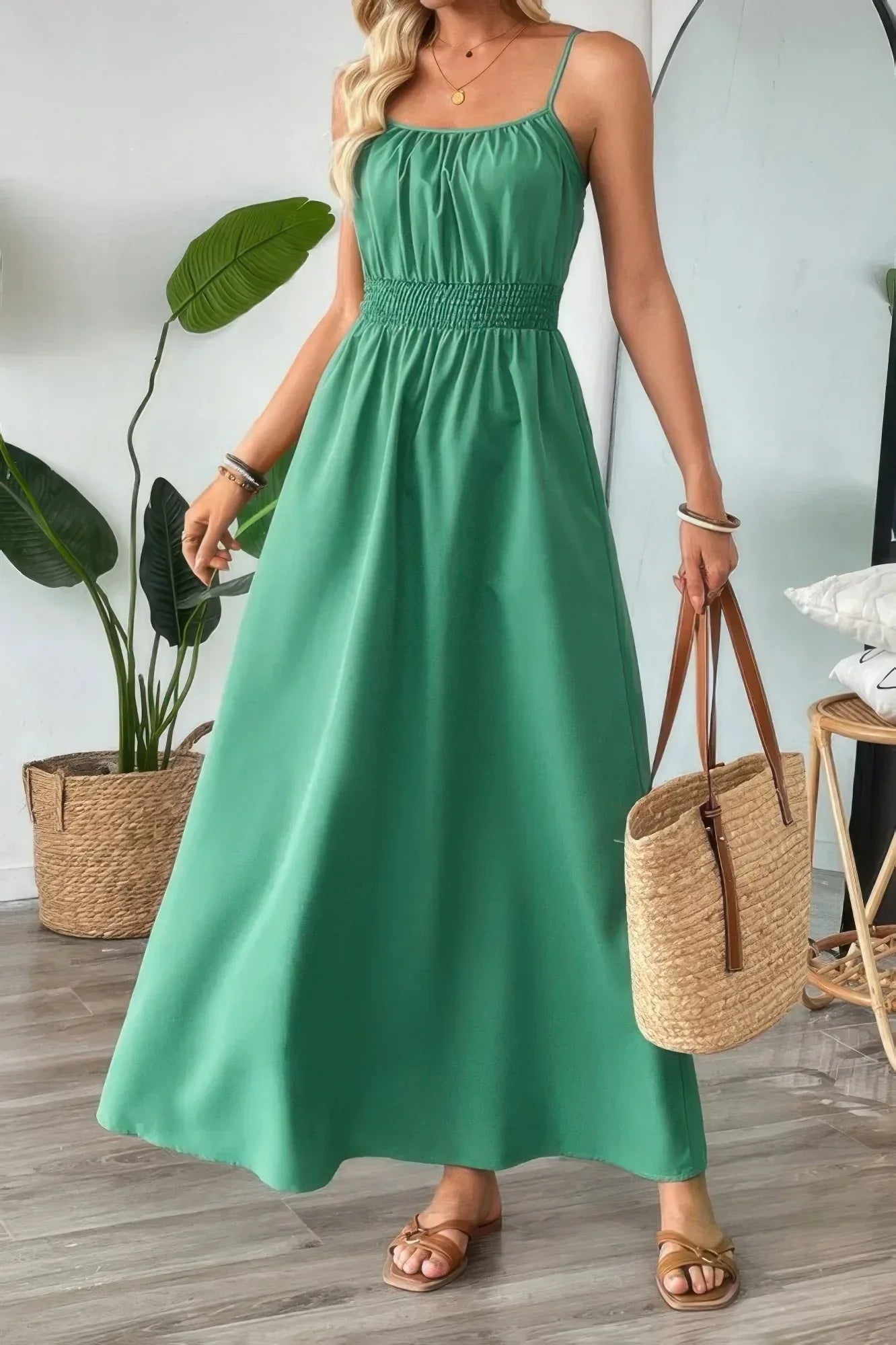Solid Sleeveless Ruched Elactic Waist A Line Dress | Mixtshop LLC