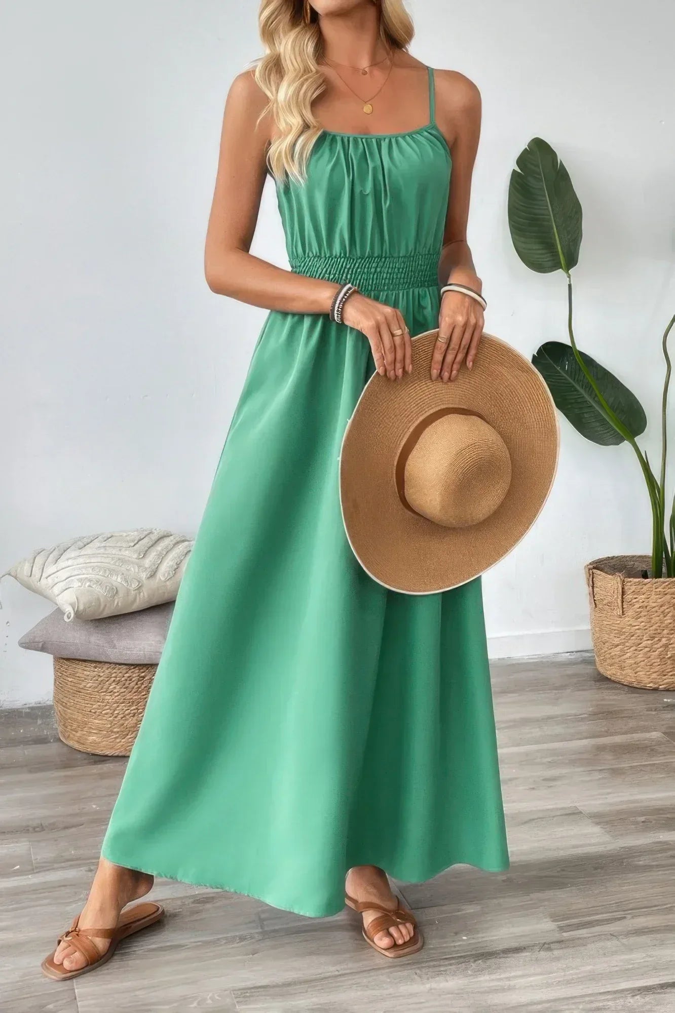 Solid Sleeveless Ruched Elactic Waist A Line Dress | Mixtshop LLC