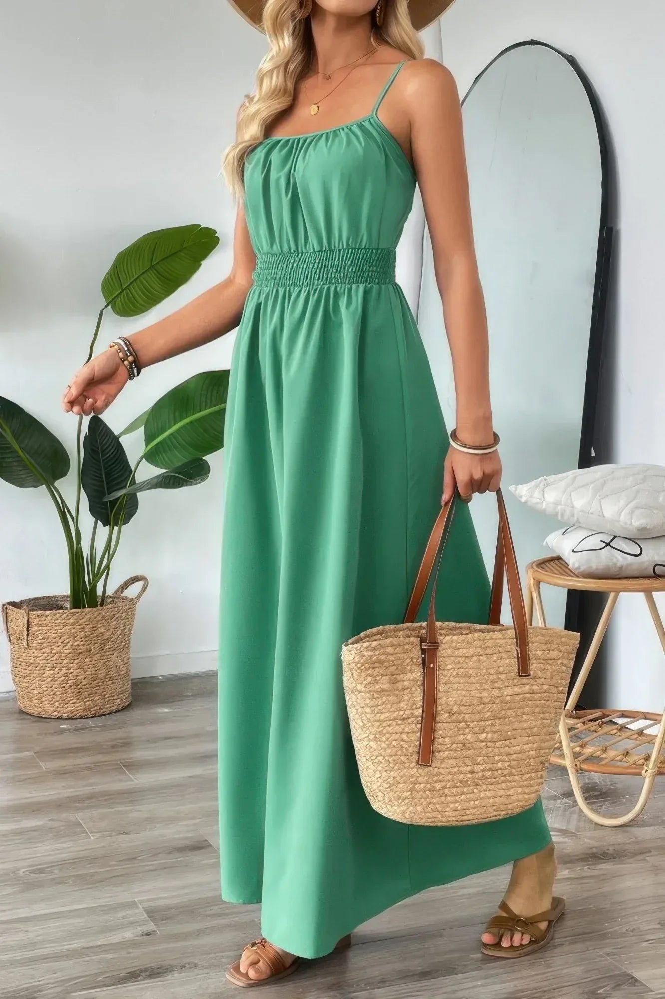 Solid Sleeveless Ruched Elactic Waist A Line Dress | Mixtshop LLC