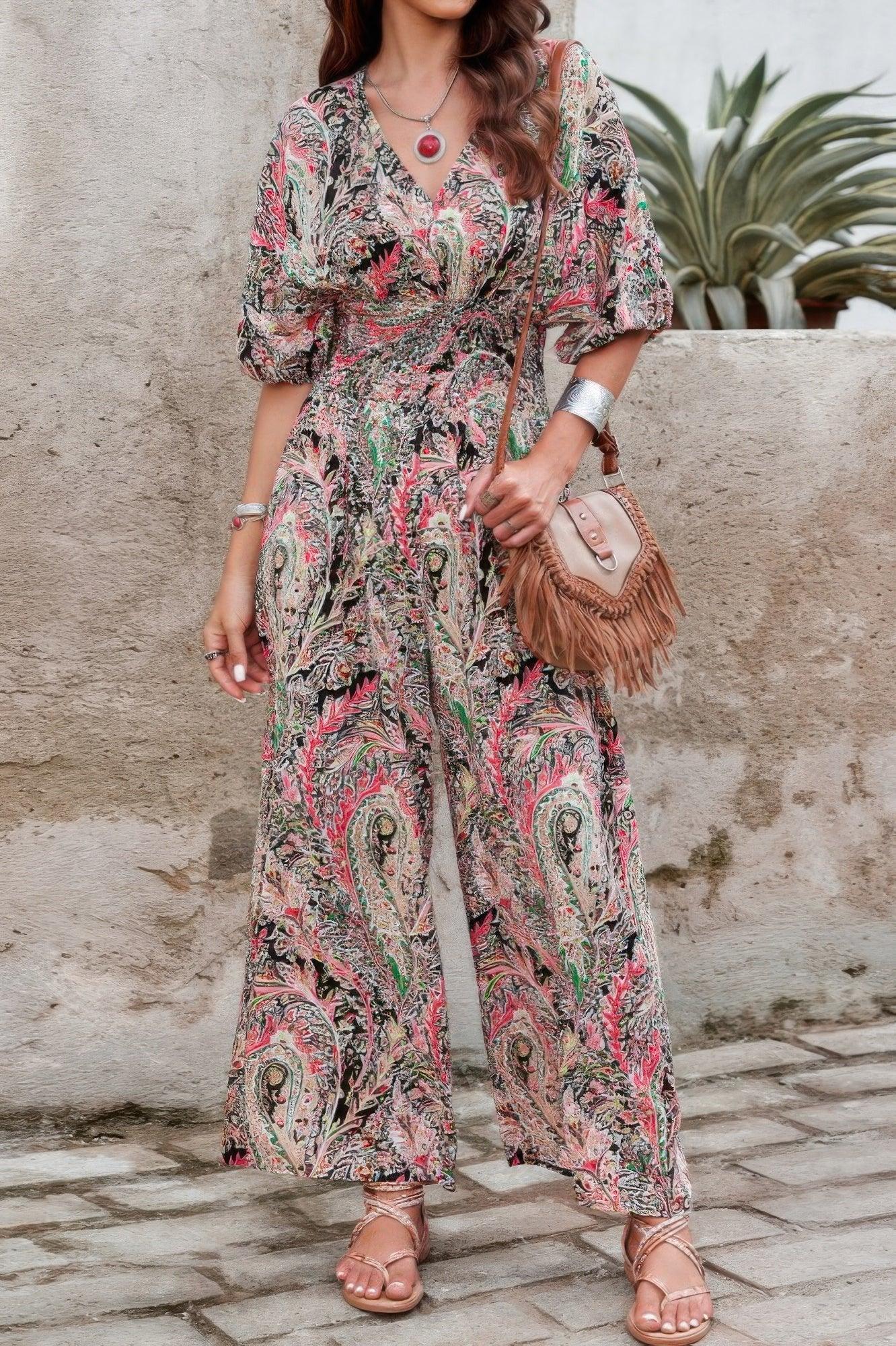 Boho Print Short Sleeve Shirred Waist Fit Jumpsuit | Mixtshop LLC Main image
