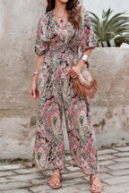 Boho Print Short Sleeve Shirred Waist Fit Jumpsuit | Mixtshop LLC