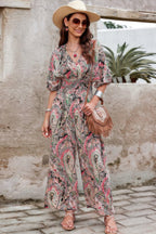 Boho Print Short Sleeve Shirred Waist Fit Jumpsuit | Mixtshop LLC