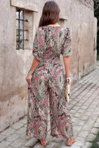 Boho Print Short Sleeve Shirred Waist Fit Jumpsuit | Mixtshop LLC
