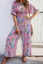 Boho Print Short Sleeve Shirred Waist Fit Jumpsuit | Mixtshop LLC