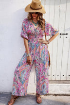 Boho Print Short Sleeve Shirred Waist Fit Jumpsuit | Mixtshop LLC
