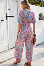 Boho Print Short Sleeve Shirred Waist Fit Jumpsuit | Mixtshop LLC