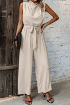 Solid Sleeveless Cut Out Back Belted Jumpsuit | Mixtshop LLC