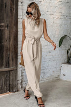 Solid Sleeveless Cut Out Back Belted Jumpsuit | Mixtshop LLC