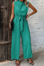 Solid Sleeveless Cut Out Back Belted Jumpsuit | Mixtshop LLC