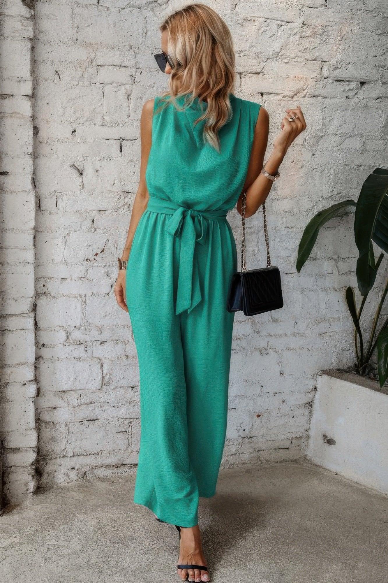Solid Sleeveless Cut Out Back Belted Jumpsuit | Mixtshop LLC
