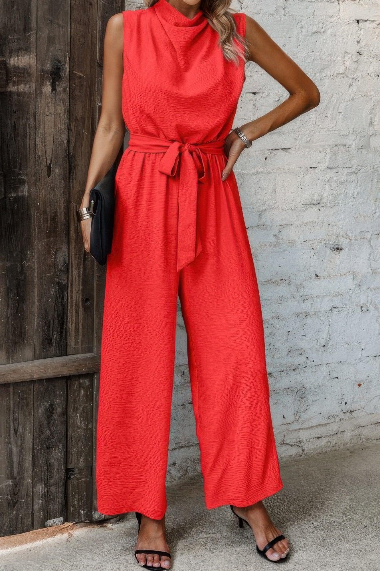 Solid Sleeveless Cut Out Back Belted Jumpsuit | Mixtshop LLC