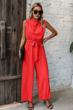 Solid Sleeveless Cut Out Back Belted Jumpsuit | Mixtshop LLC