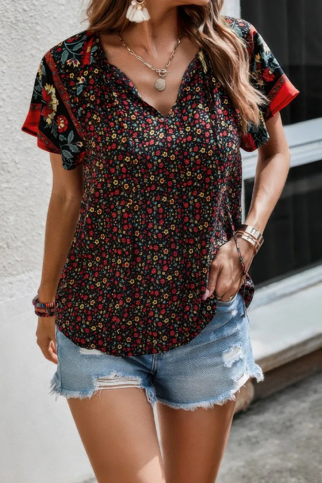 Floral Boho Ruffle V Neck Short Sleeve Loose Shirt | Mixtshop LLC Main image