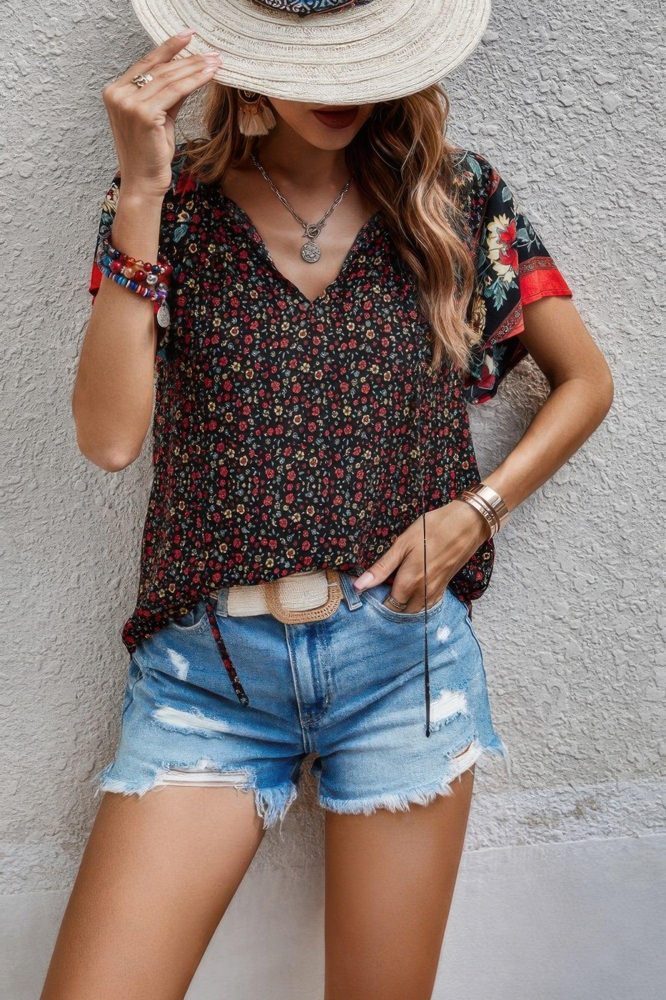 Floral Boho Ruffle V Neck Short Sleeve Loose Shirt | Mixtshop LLC