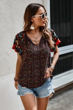 Floral Boho Ruffle V Neck Short Sleeve Loose Shirt | Mixtshop LLC
