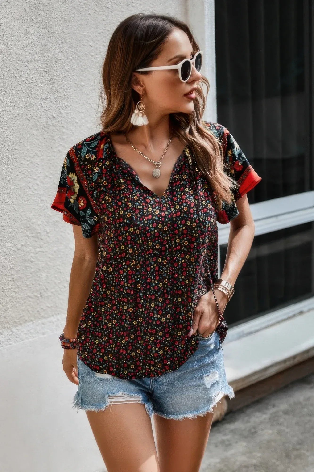 Floral Boho Ruffle V Neck Short Sleeve Loose Shirt | Mixtshop LLC