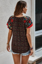 Floral Boho Ruffle V Neck Short Sleeve Loose Shirt | Mixtshop LLC
