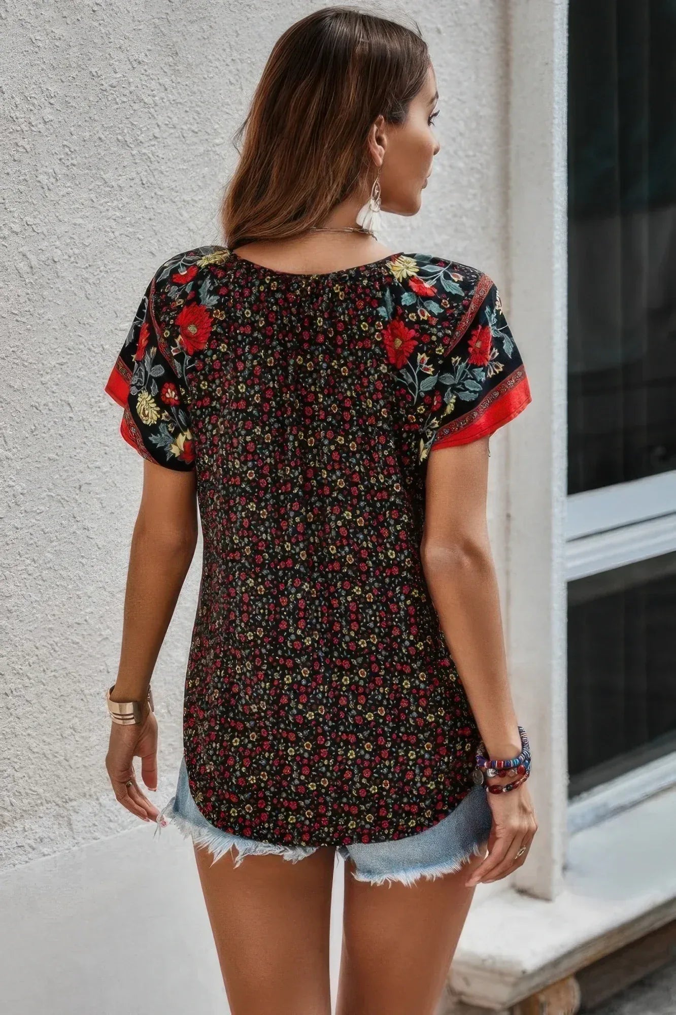 Floral Boho Ruffle V Neck Short Sleeve Loose Shirt | Mixtshop LLC
