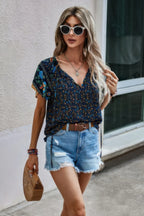Floral Boho Ruffle V Neck Short Sleeve Loose Shirt | Mixtshop LLC