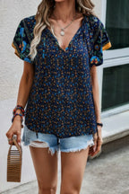 Floral Boho Ruffle V Neck Short Sleeve Loose Shirt | Mixtshop LLC