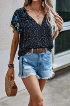 Floral Boho Ruffle V Neck Short Sleeve Loose Shirt | Mixtshop LLC