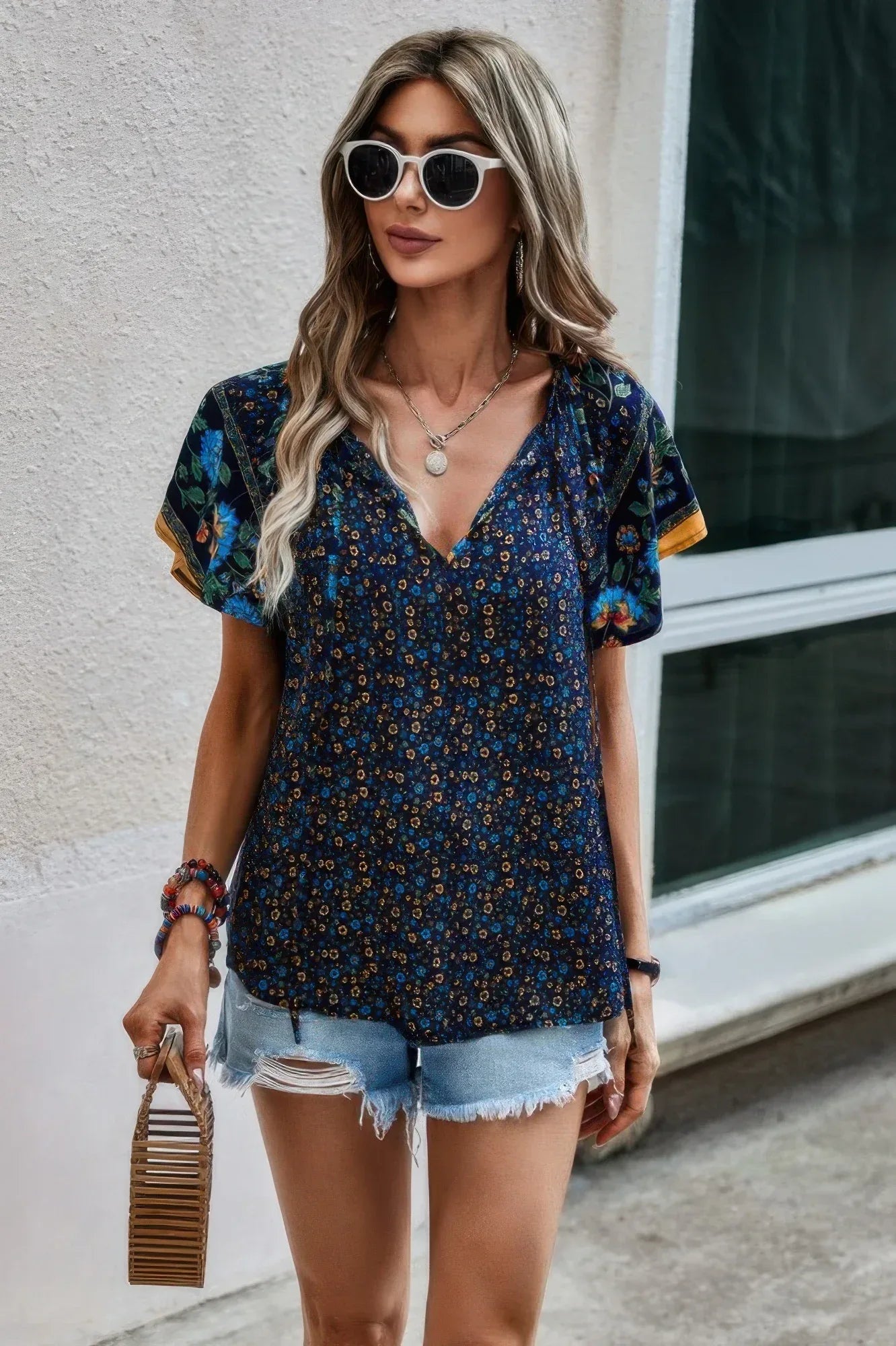 Floral Boho Ruffle V Neck Short Sleeve Loose Shirt | Mixtshop LLC