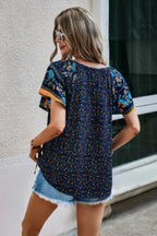 Floral Boho Ruffle V Neck Short Sleeve Loose Shirt | Mixtshop LLC
