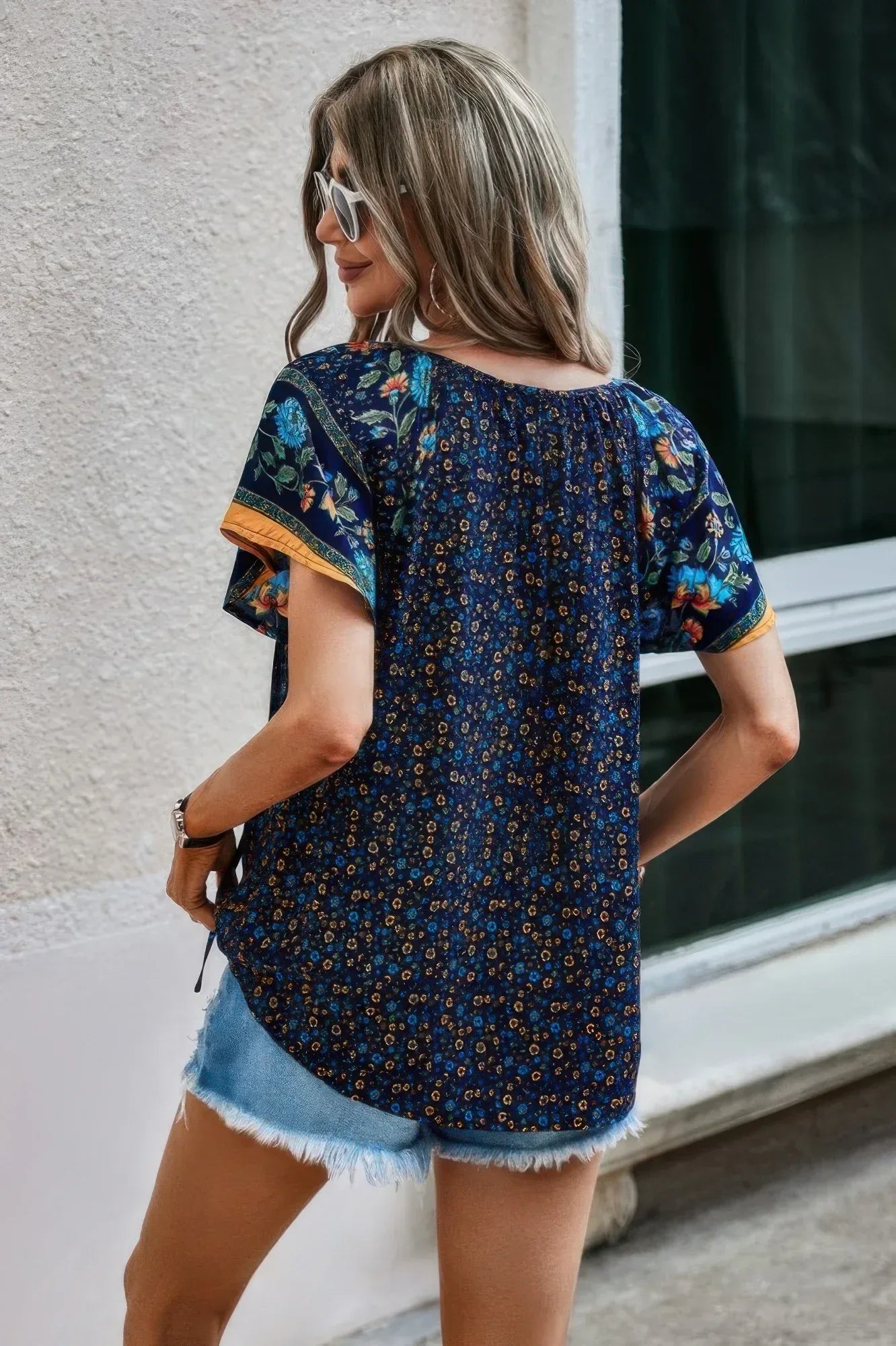 Floral Boho Ruffle V Neck Short Sleeve Loose Shirt | Mixtshop LLC