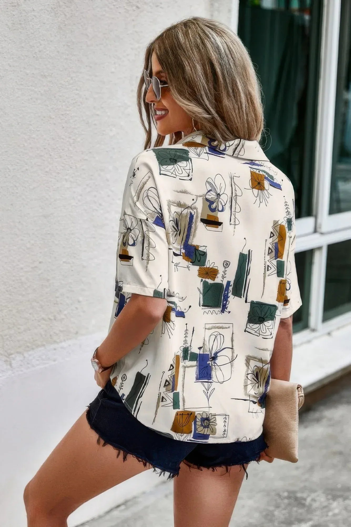 Geometric Print Short Sleeve Collar Button Blouse | Mixtshop LLC
