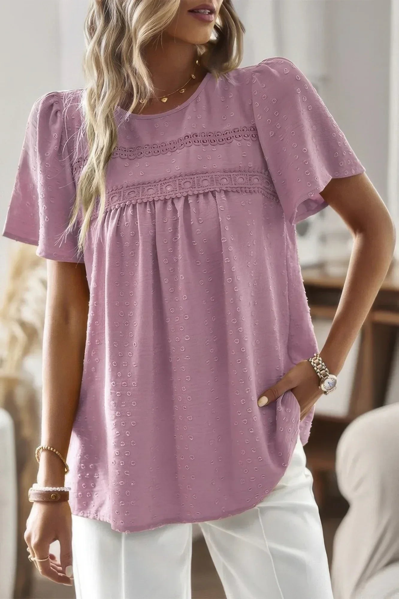 Loose Fit Dot Solid Lace Round Neck Top | Mixtshop LLC
