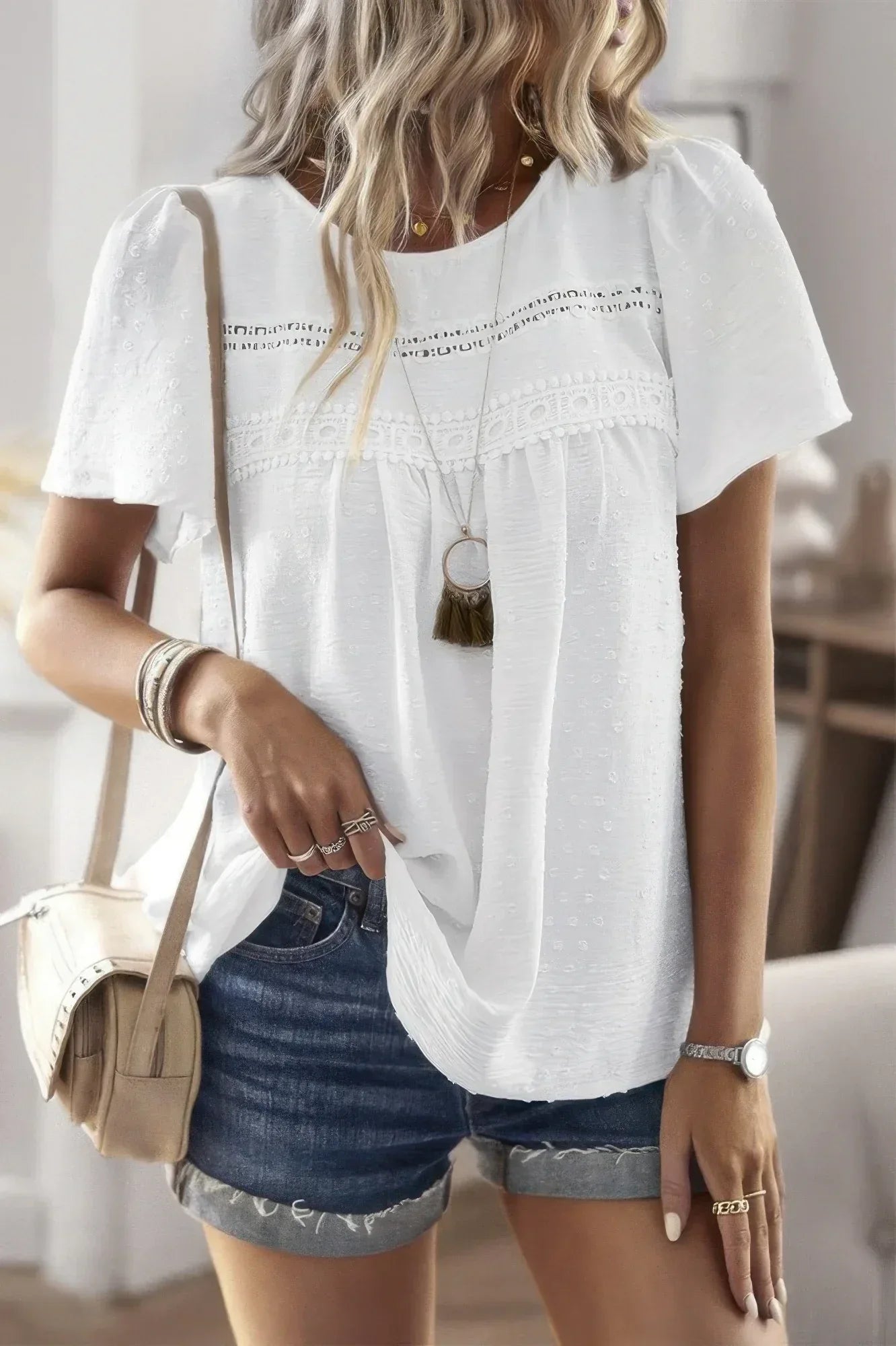 Loose Fit Dot Solid Lace Round Neck Top | Mixtshop LLC
