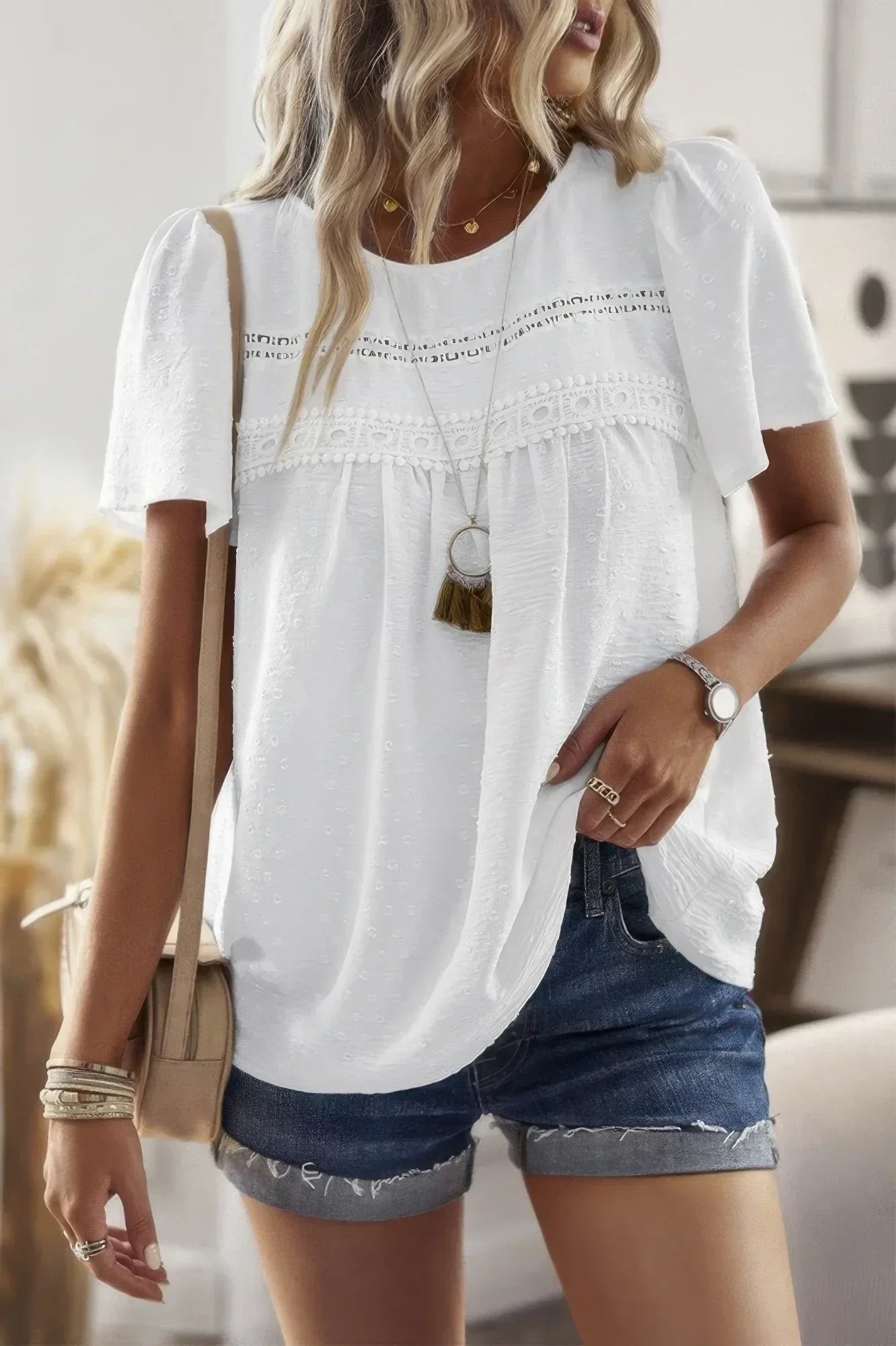 Loose Fit Dot Solid Lace Round Neck Top | Mixtshop LLC