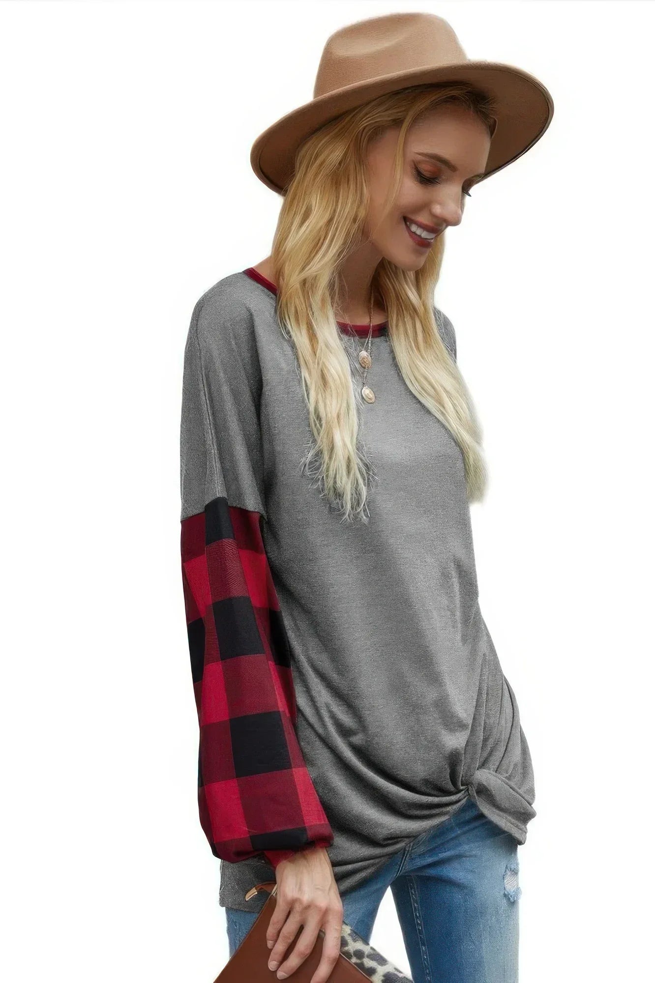 Round Neck Lantern Sleeve Patchwork Pullover | Mixtshop LLC Main image