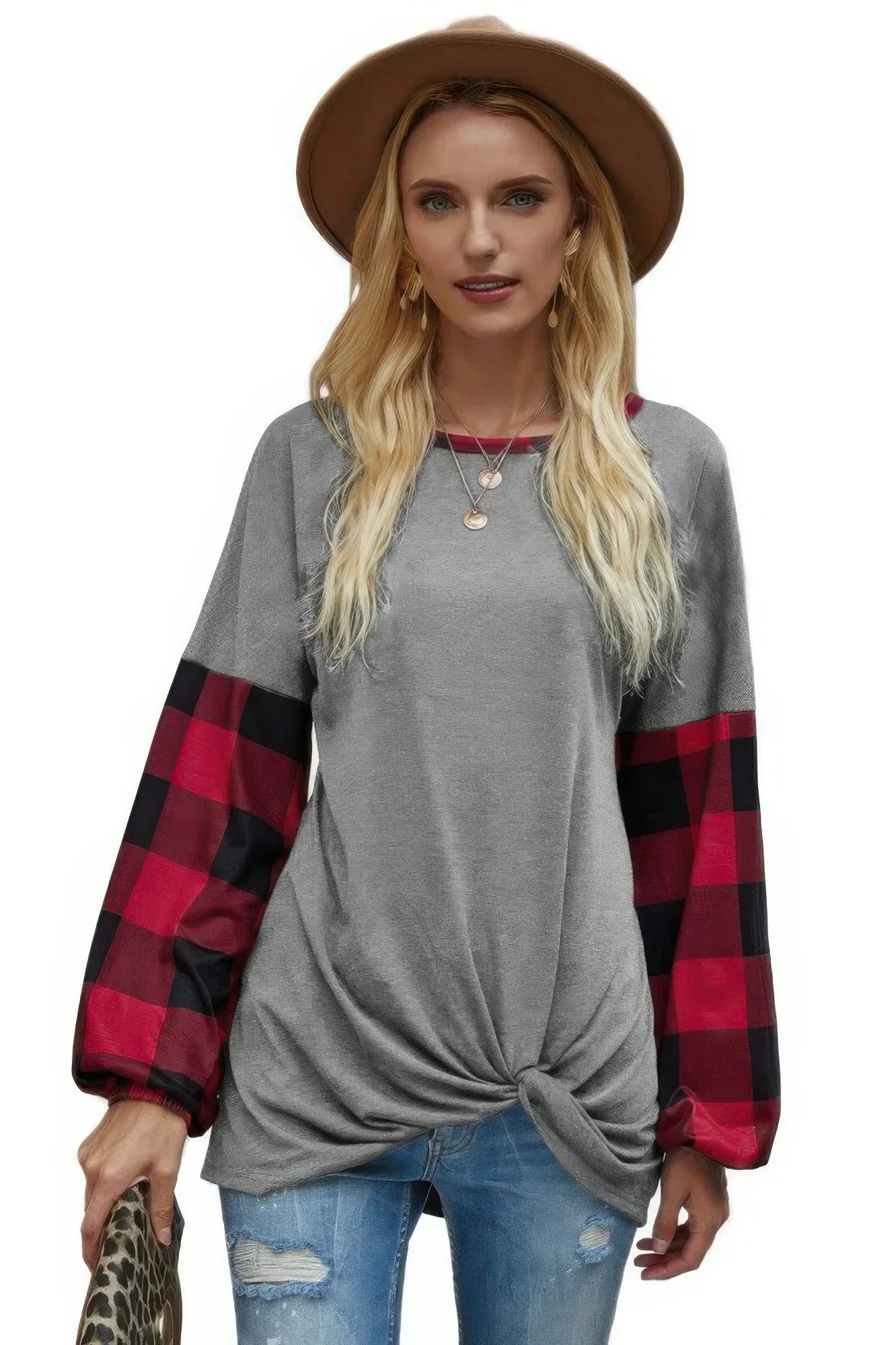 Round Neck Lantern Sleeve Patchwork Pullover Secondary image