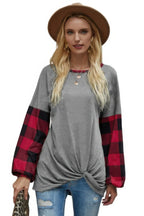 Round Neck Lantern Sleeve Patchwork Pullover | Mixtshop LLC