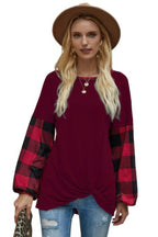 Round Neck Lantern Sleeve Patchwork Pullover | Mixtshop LLC