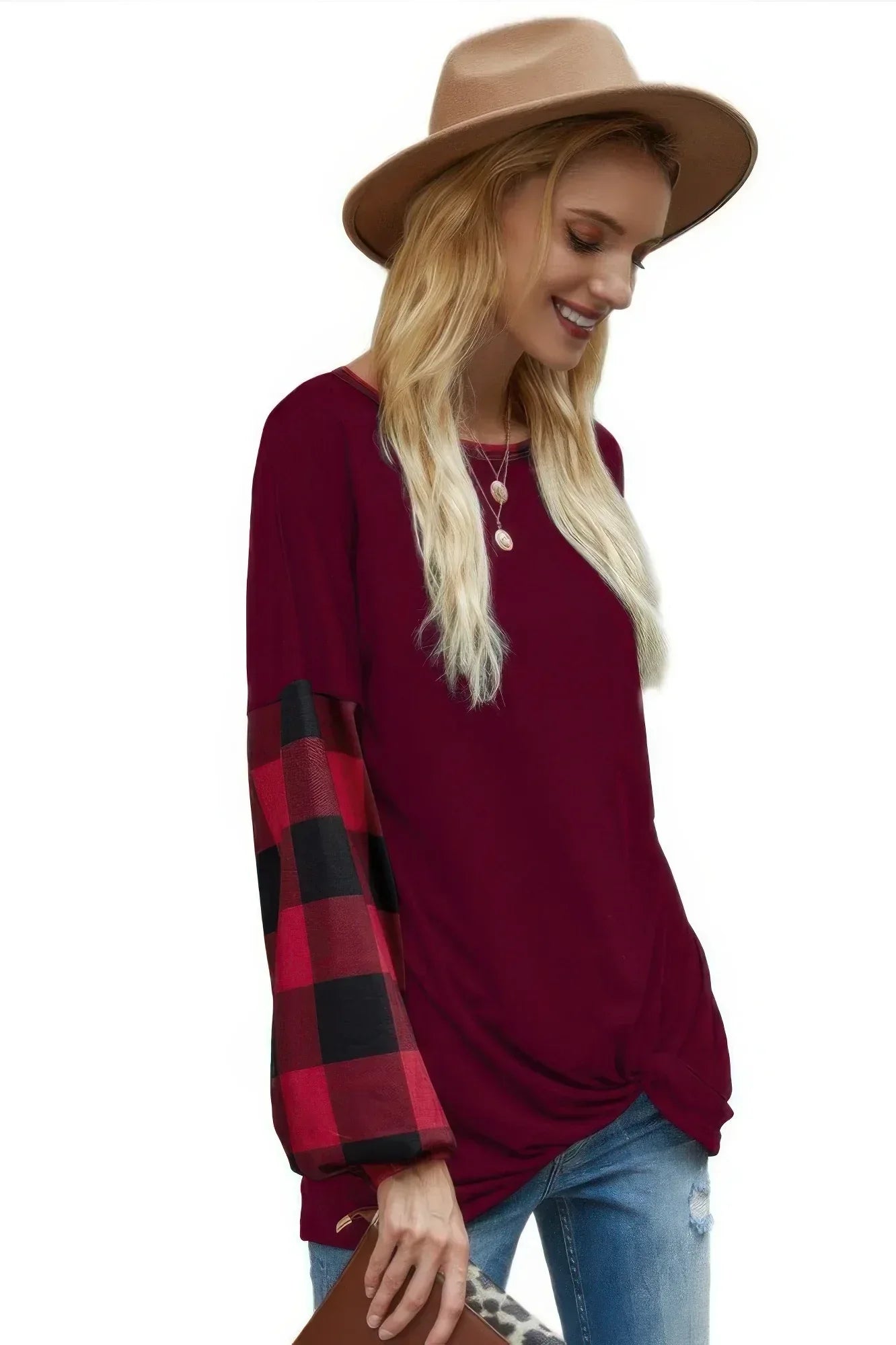 Round Neck Lantern Sleeve Patchwork Pullover | Mixtshop LLC