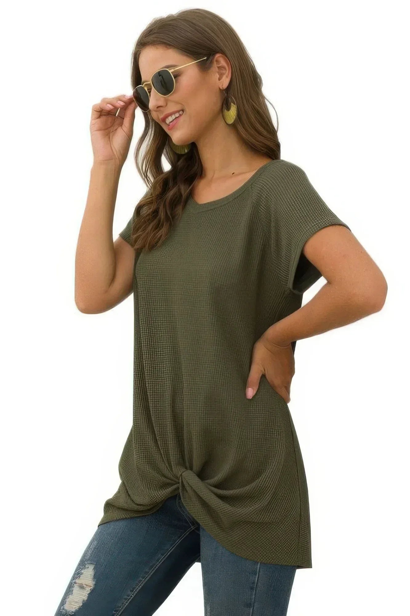 Crew Neck Solid Color Tunic Tops Secondary image