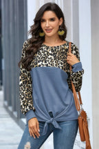 Leopard Stitching Bow Knit Crew Neck Loose Pullover | Mixtshop LLC