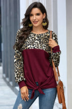 Leopard Stitching Bow Knit Crew Neck Loose Pullover | Mixtshop LLC