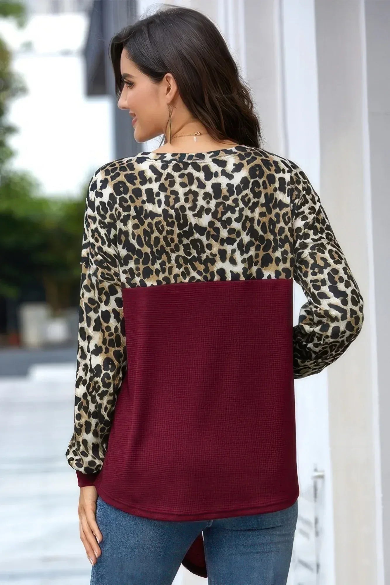 Leopard Stitching Bow Knit Crew Neck Loose Pullover | Mixtshop LLC