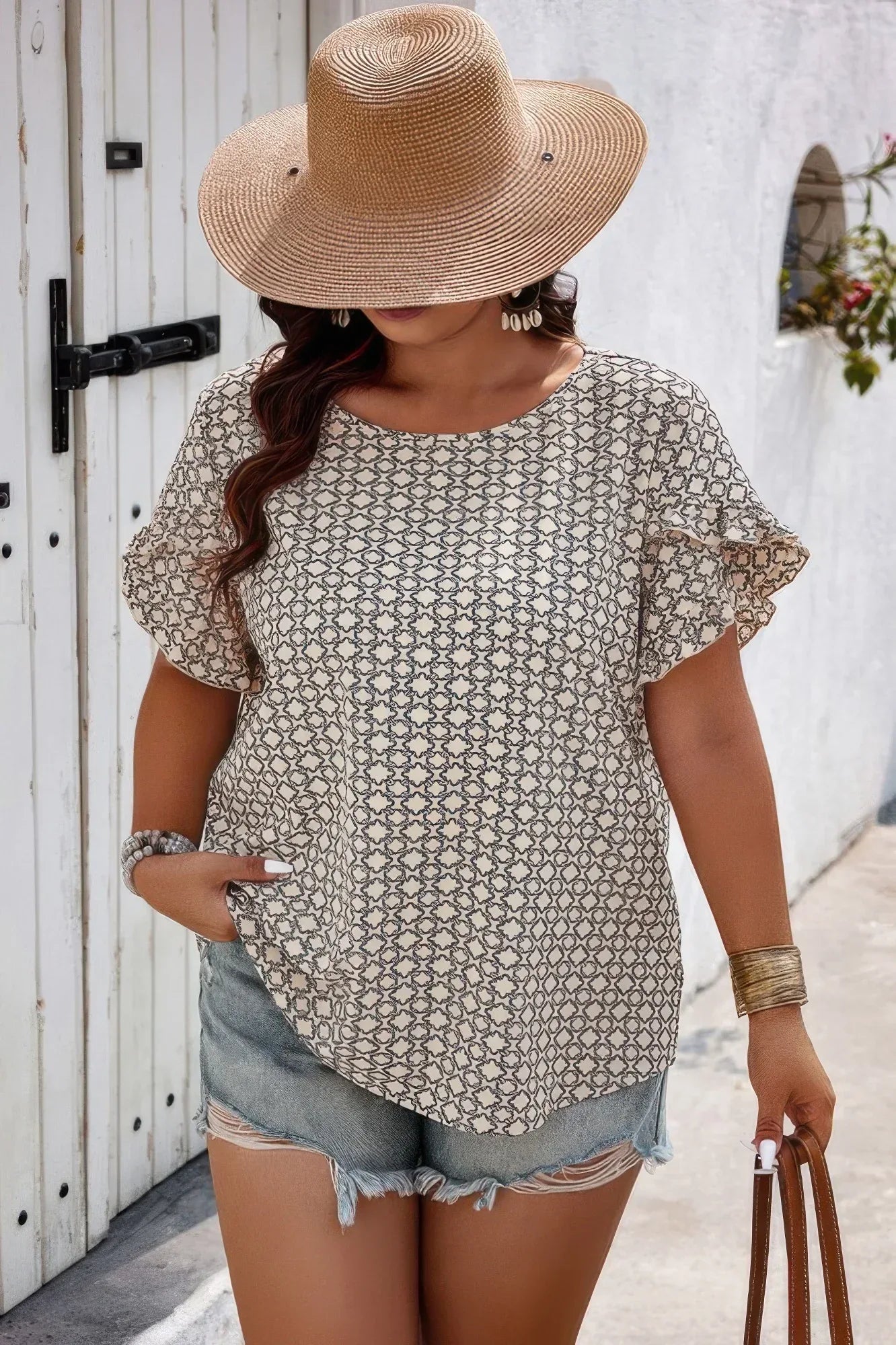 Round Neck Allover Print Ruffle Sleeves Loose Top | Mixtshop LLC Main image