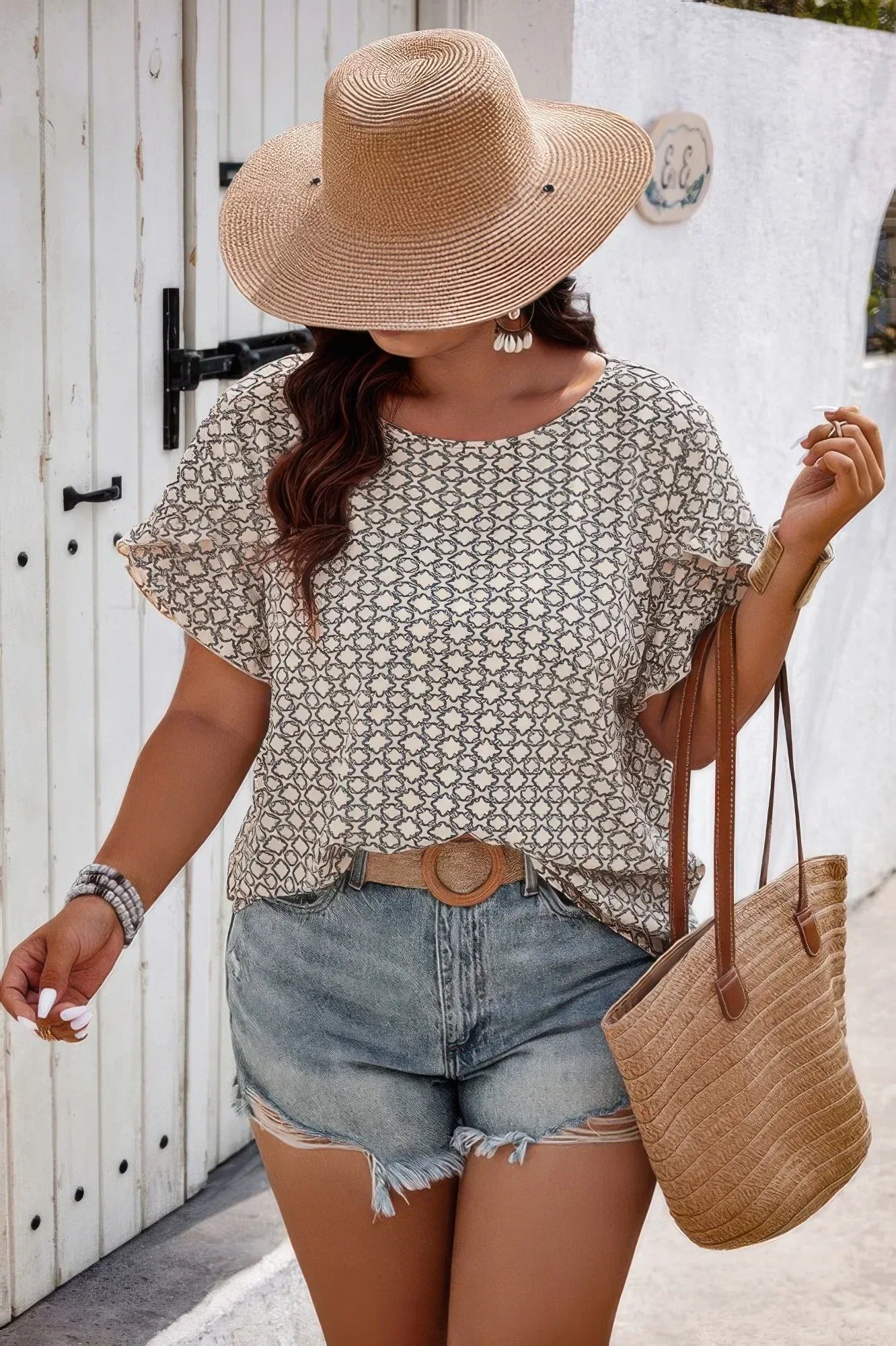 Round Neck Allover Print Ruffle Sleeves Loose Top | Mixtshop LLC