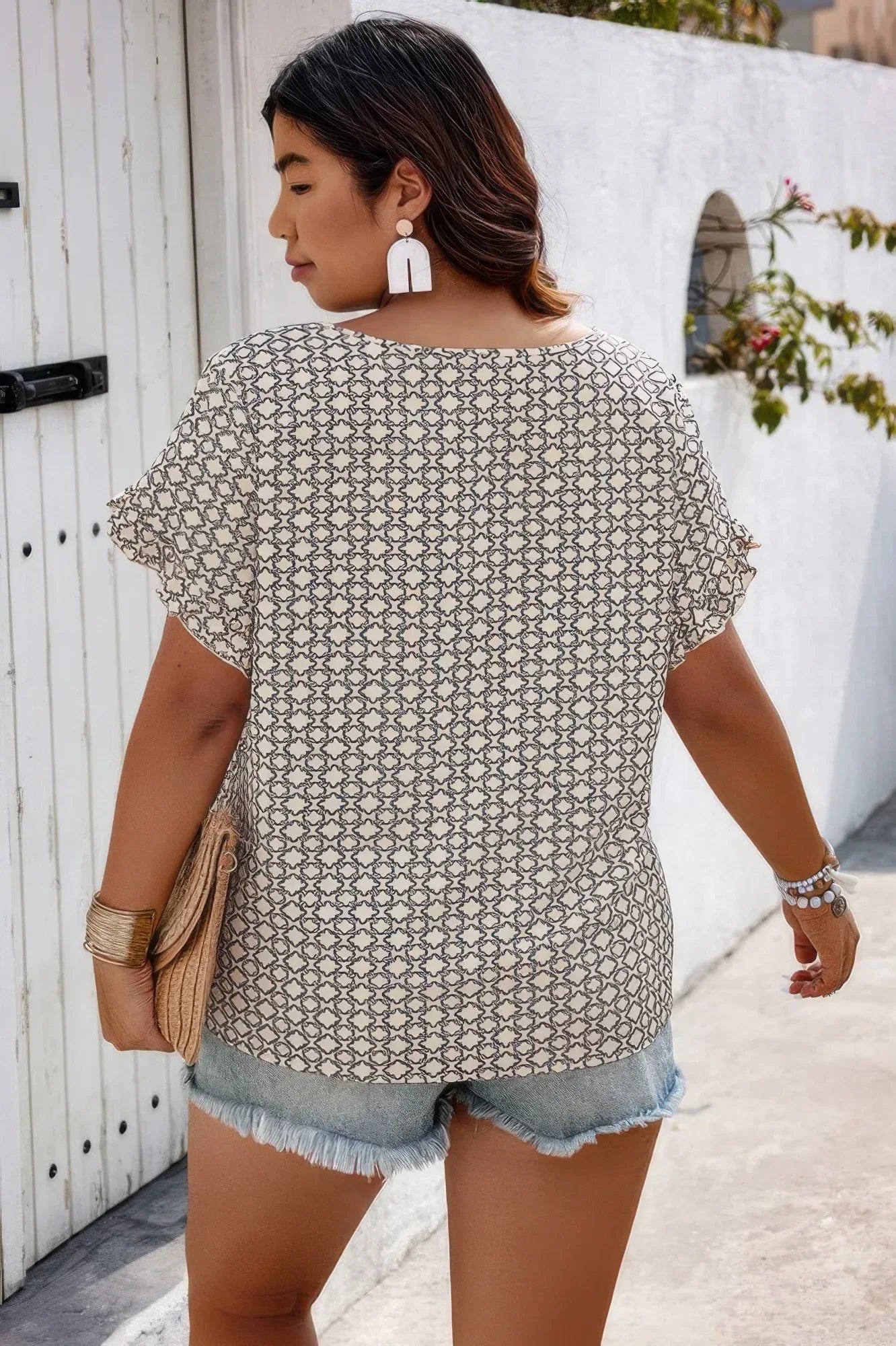 Round Neck Allover Print Ruffle Sleeves Loose Top | Mixtshop LLC
