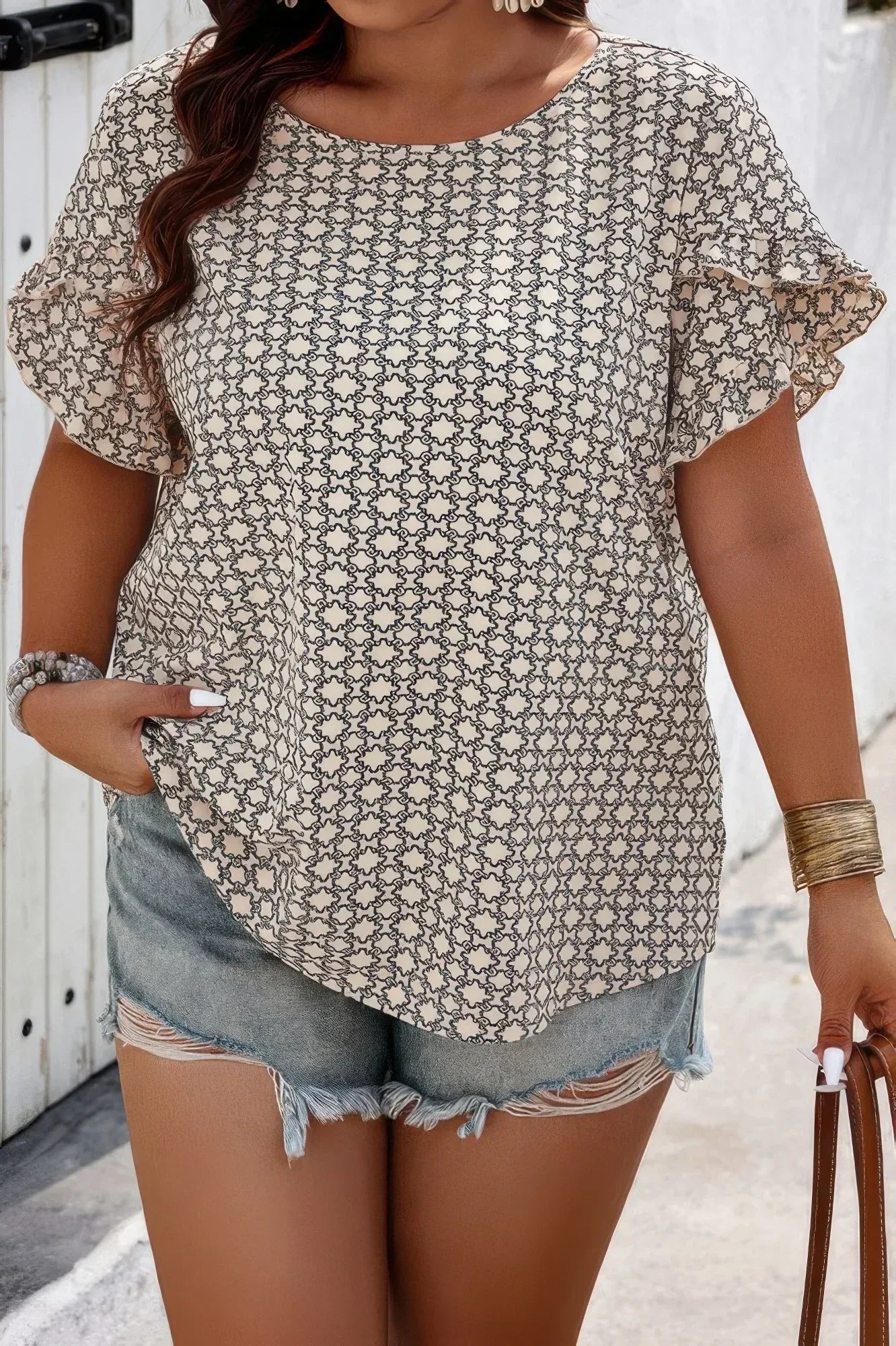 Round Neck Allover Print Ruffle Sleeves Loose Top | Mixtshop LLC