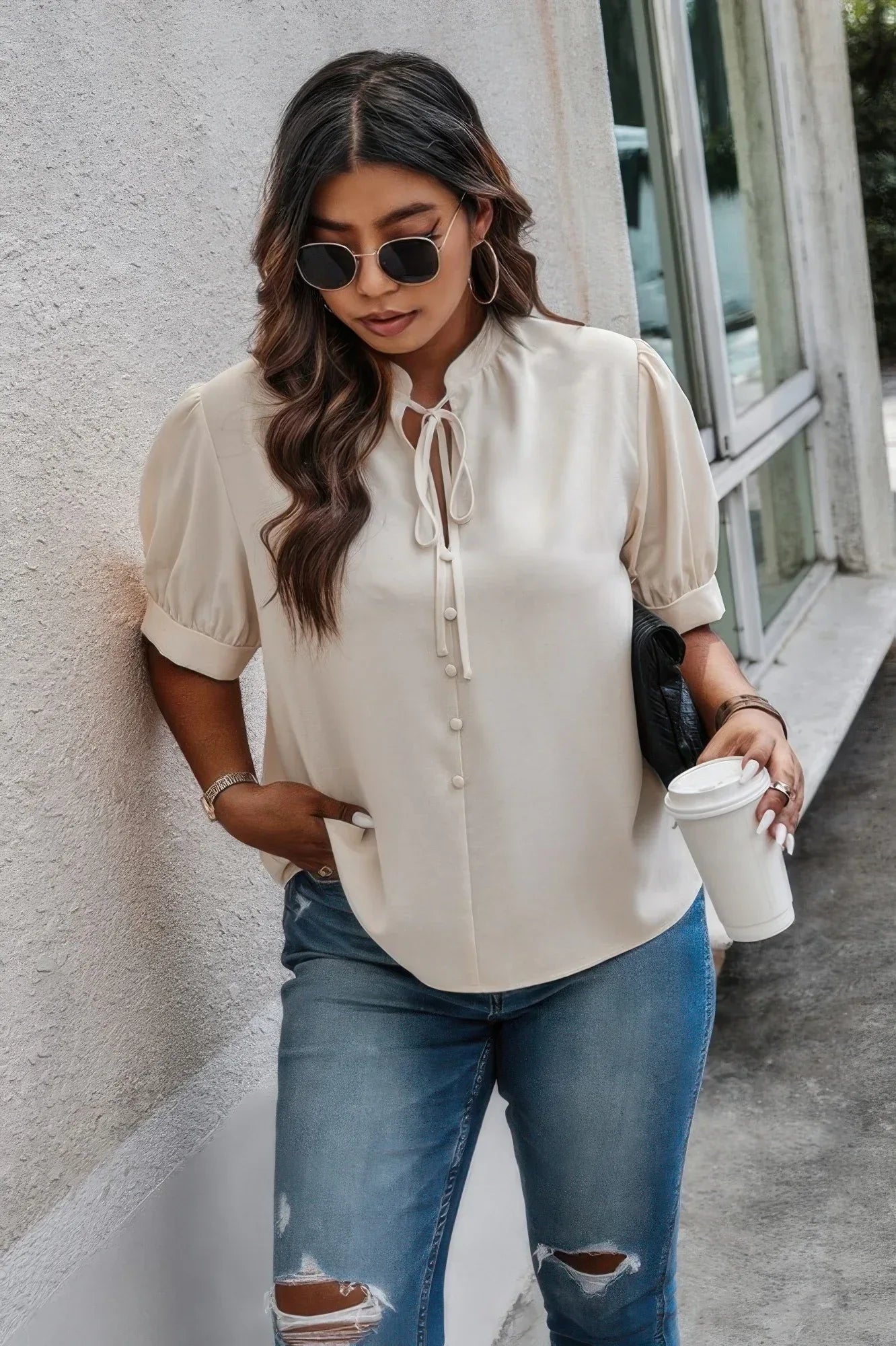 Plus Size Cross Neck Puff Sleeves Solid Button Top Secondary image